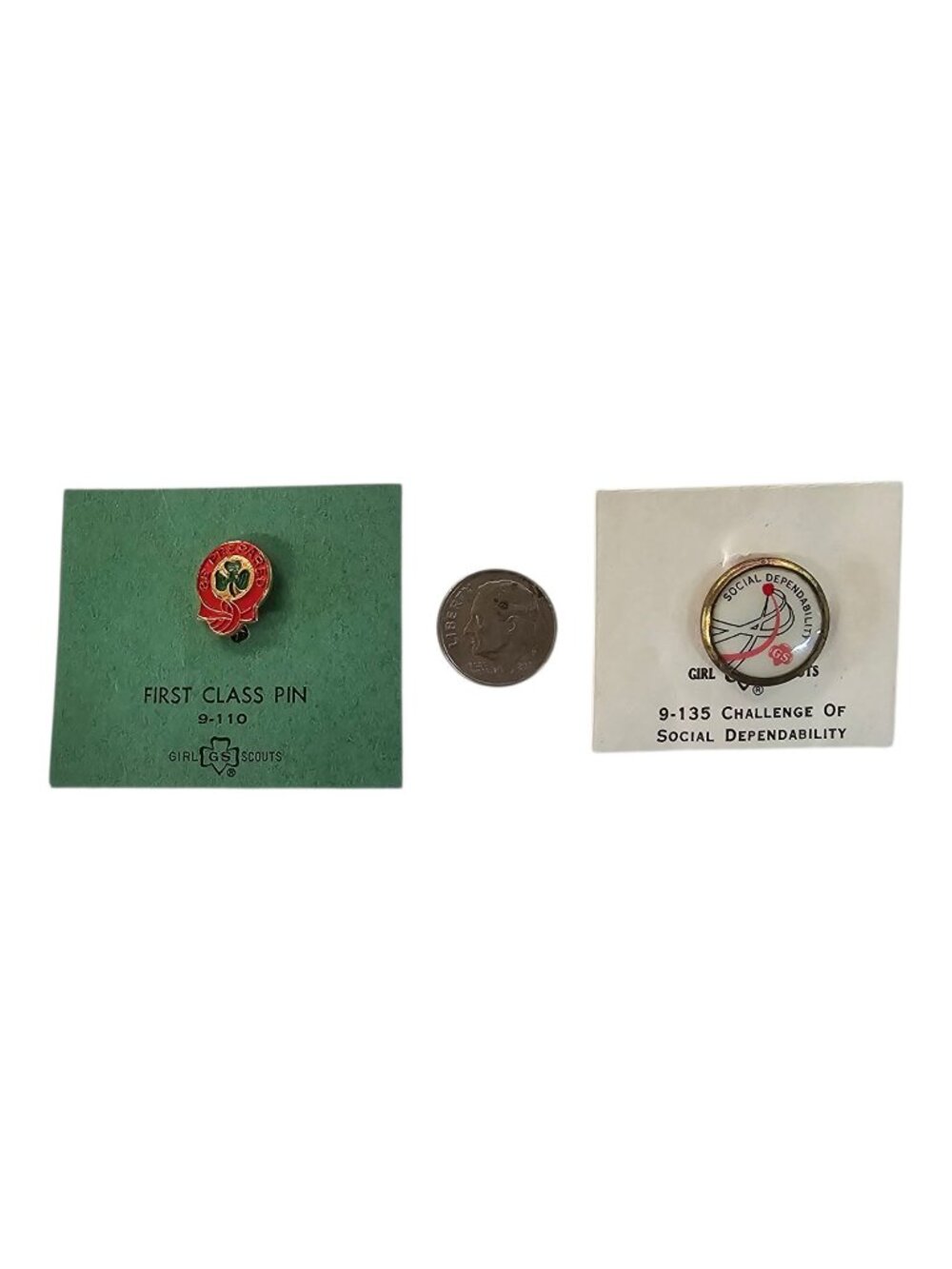 Girl Scout First Class 9-110 & Challenge Social Dependability 9-135 Pins Vintage